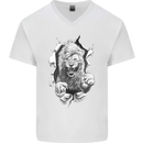Lion Ripping Through the Fabric Mens V-Neck Cotton T-Shirt White