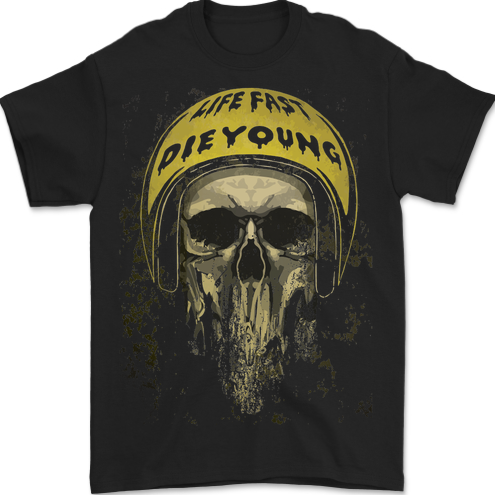 a black t - shirt with a skull wearing a helmet