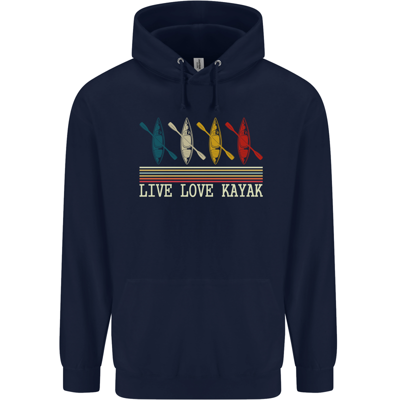 Live Love Kayak Retro Kayaking Design Mens 80% Cotton Hoodie Navy Blue