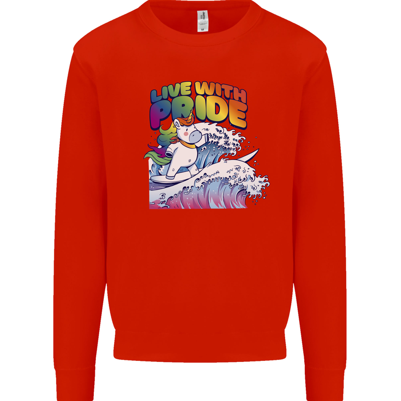 Live With Pride Unicorn Gay Pride Awareness LGBT Kids Sweatshirt Jumper Bright Red