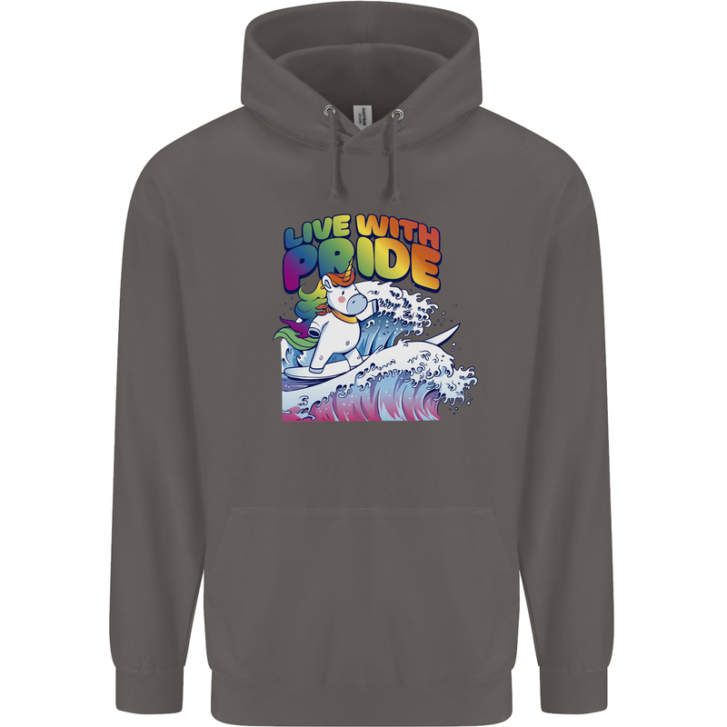 Live With Pride Unicorn Gay Pride Awareness LGBT Mens 80% Cotton Hoodie Charcoal
