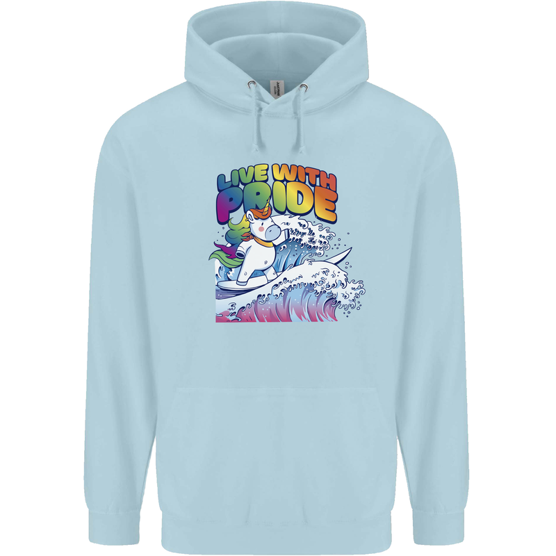 Live With Pride Unicorn Gay Pride Awareness LGBT Mens 80% Cotton Hoodie Light Blue