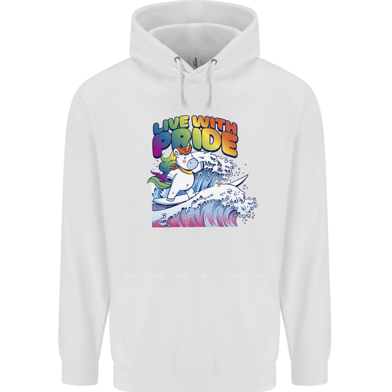 Live With Pride Unicorn Gay Pride Awareness LGBT Mens 80% Cotton Hoodie White