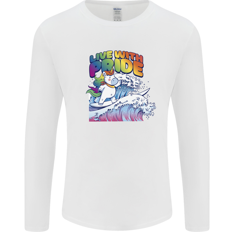 Live With Pride Unicorn Gay Pride Awareness LGBT Mens Long Sleeve T-Shirt White