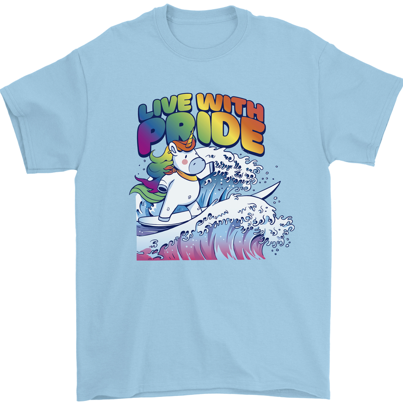 Live With Pride Unicorn Gay Pride Awareness LGBT Mens T-Shirt 100% Cotton Light Blue