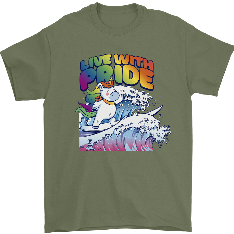 Live With Pride Unicorn Gay Pride Awareness LGBT Mens T-Shirt 100% Cotton Military Green