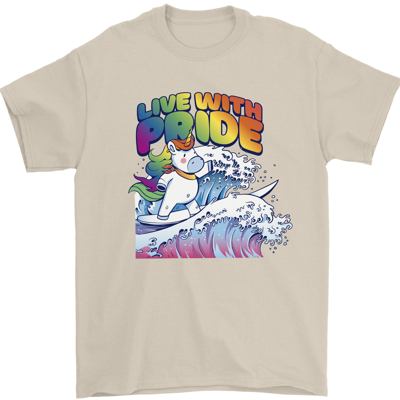 Live With Pride Unicorn Gay Pride Awareness LGBT Mens T-Shirt 100% Cotton Sand
