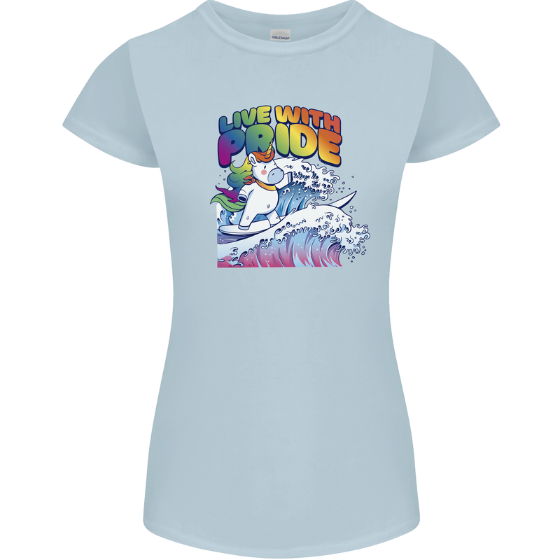 Live With Pride Unicorn Gay Pride Awareness LGBT Womens Petite Cut T-Shirt Light Blue