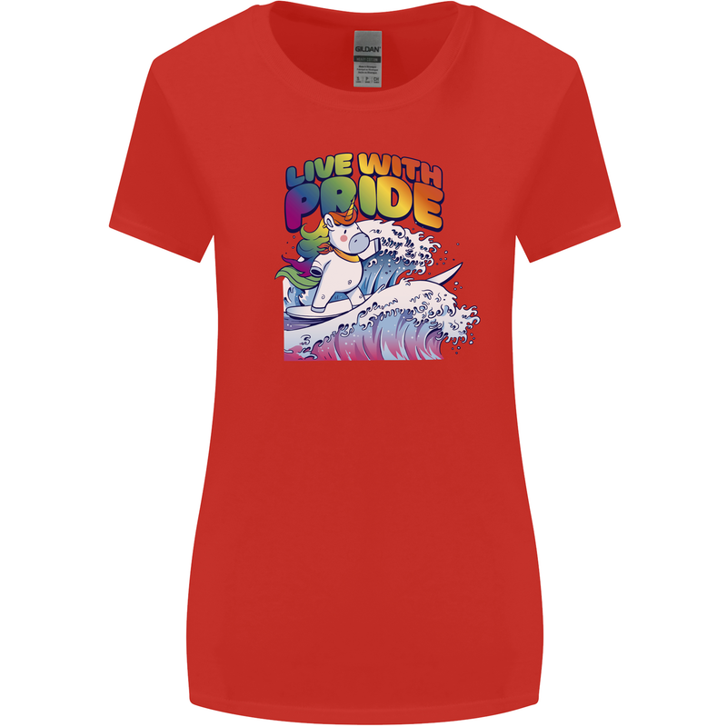 Live With Pride Unicorn Gay Pride Awareness LGBT Womens Wider Cut T-Shirt Red