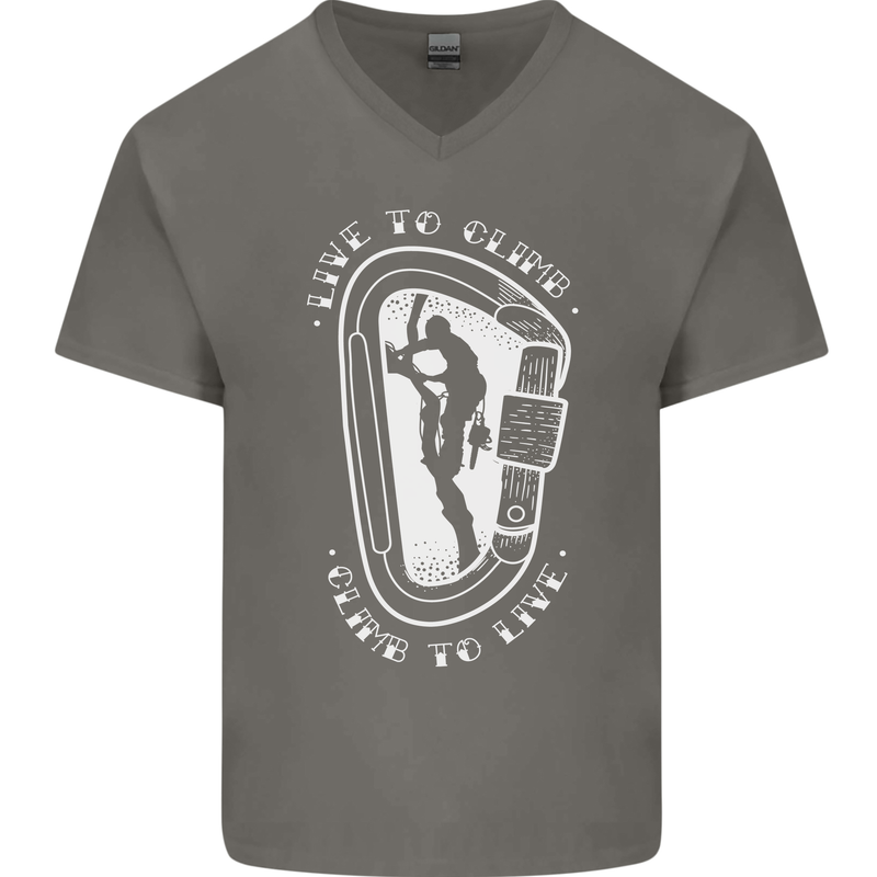 Live to Climb Rock Climbing Climber Mens V-Neck Cotton T-Shirt Charcoal