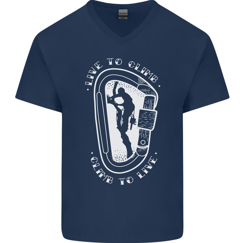 Live to Climb Rock Climbing Climber Mens V-Neck Cotton T-Shirt Navy Blue