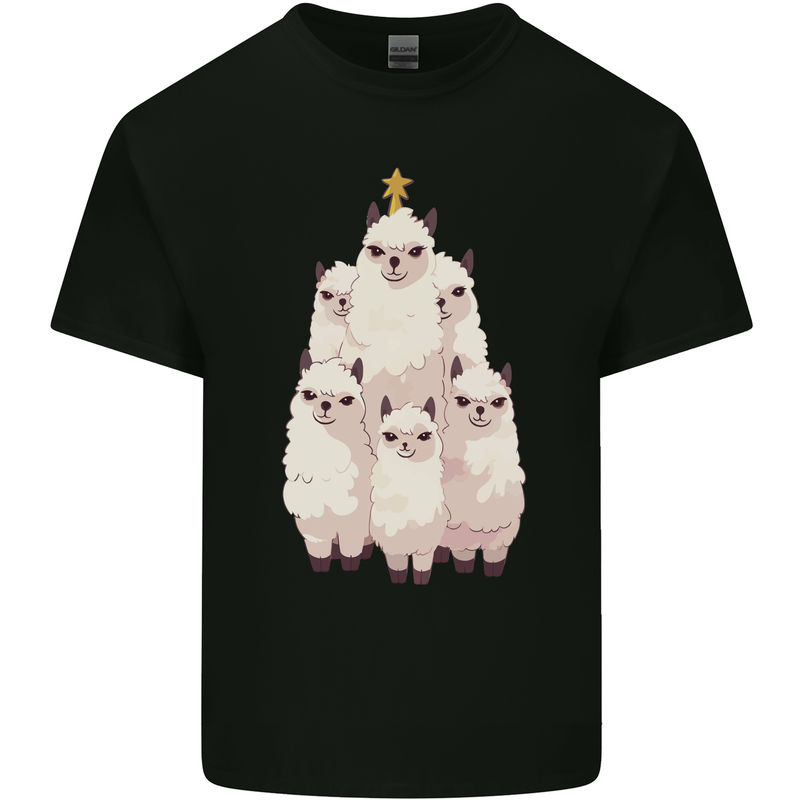 Llama Christmas Tree Xmas Mens Cotton T-Shirt Tee Top Black