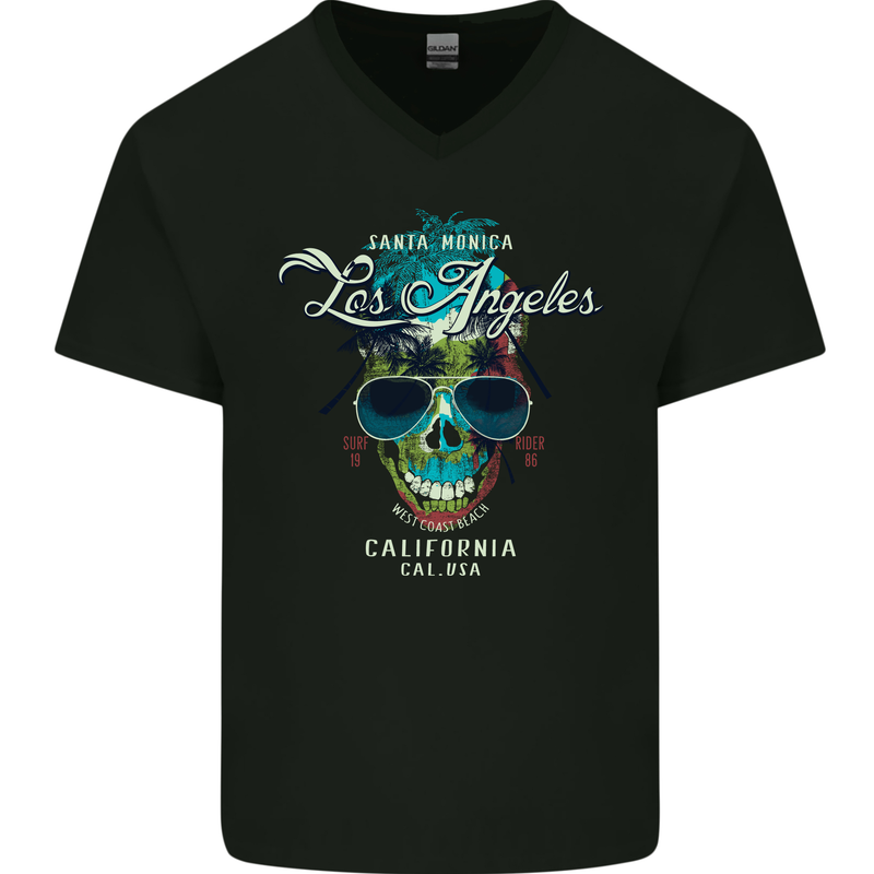 Los Angeles Surf Skull Surfing Mens V-Neck Cotton T-Shirt Black