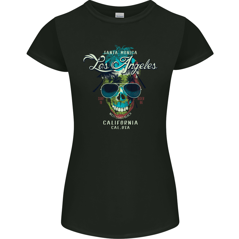 Los Angeles Surf Skull Surfing Womens Petite Cut T-Shirt Black