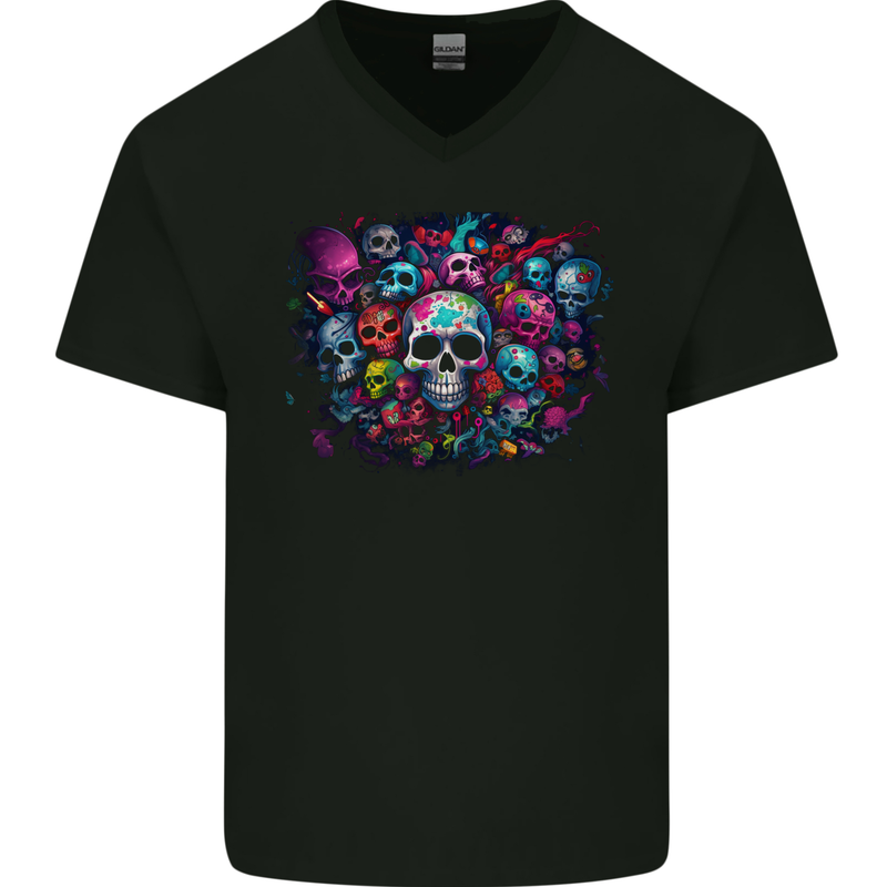 Lots of Skulls Mens V-Neck Cotton T-Shirt Black