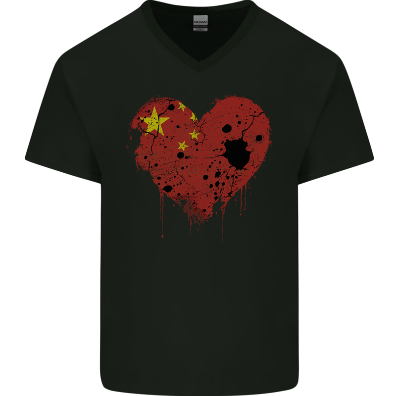 Love China Flag Chinese Day Football Mens V-Neck Cotton T-Shirt Black