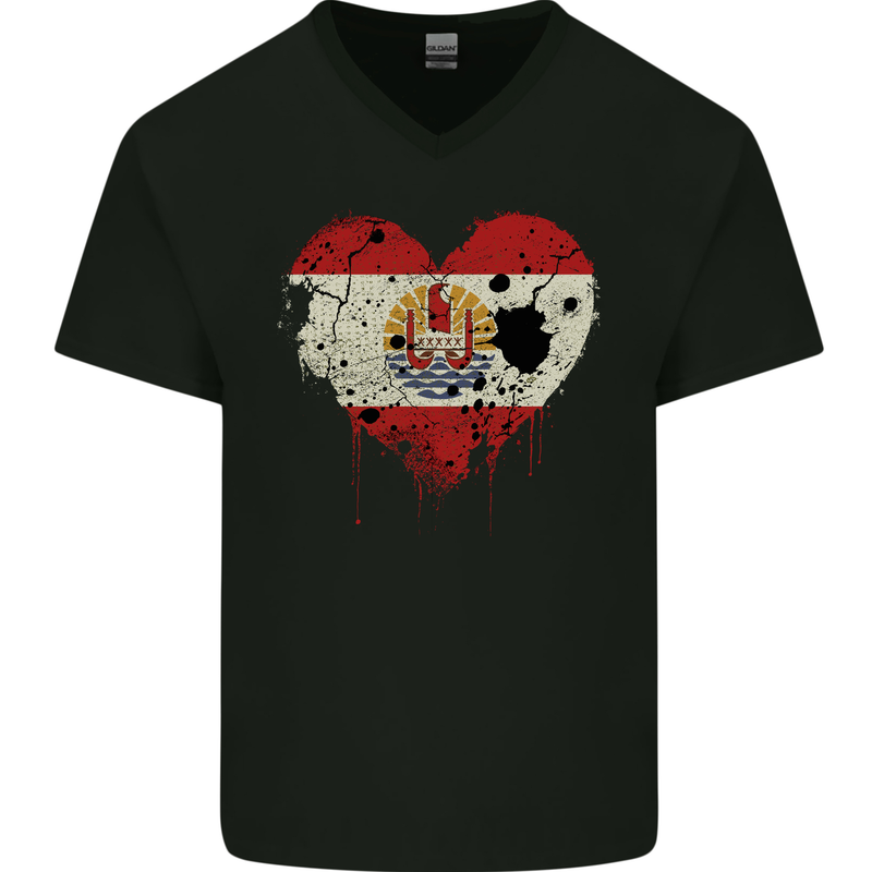 Love Flag French Polynesia Football Mens V-Neck Cotton T-Shirt Black