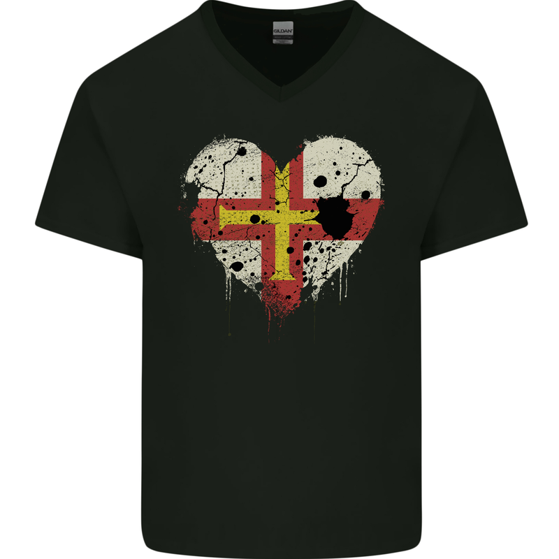 Love Flag Guernsey Football Mens V-Neck Cotton T-Shirt Black