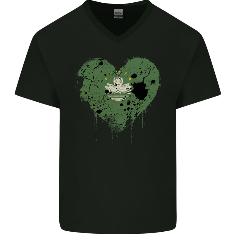 Love Flag Macau Football Mens V-Neck Cotton T-Shirt Black