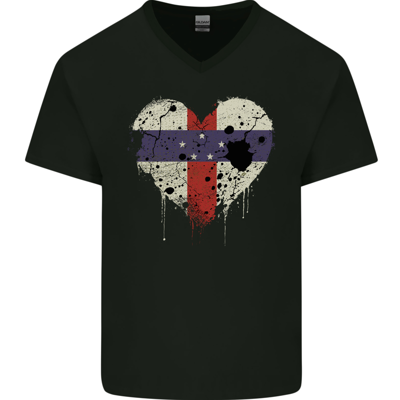 Love Flag Netherlands Antilles Football Mens V-Neck Cotton T-Shirt Black