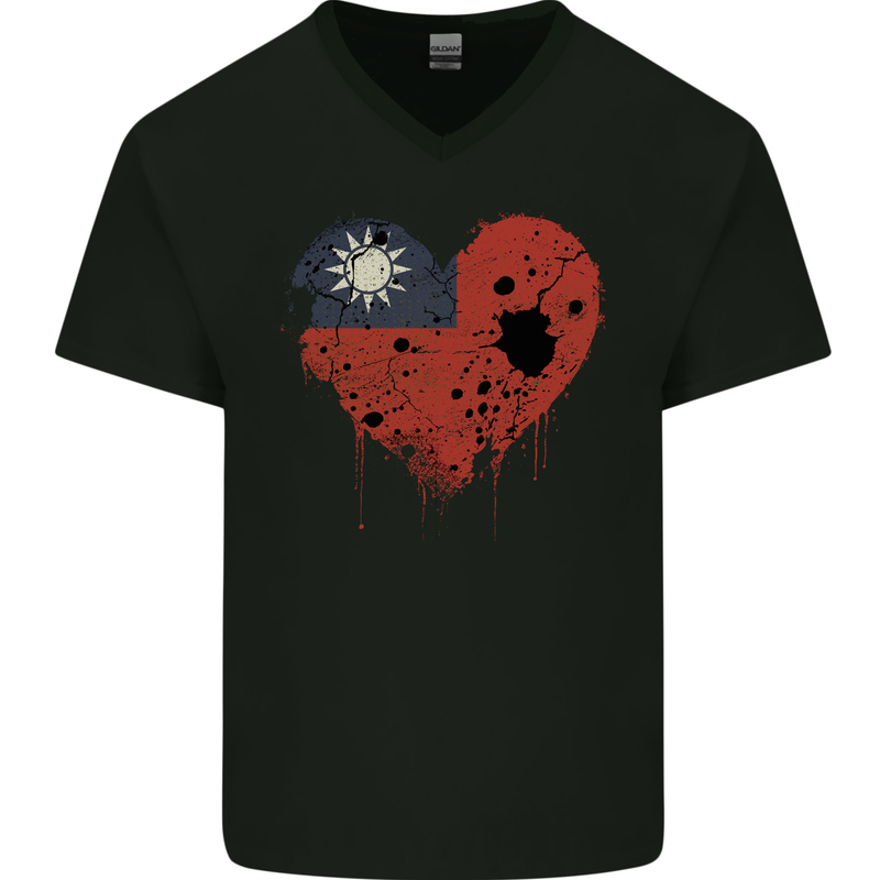 Love Flag Taiwan Football Mens V-Neck Cotton T-Shirt Black