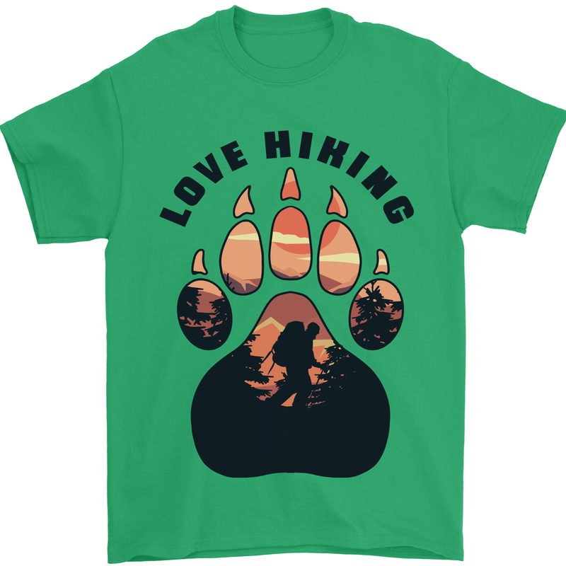 Love Hiking Bear Paw Trekking Hike Outdoors Mens T-Shirt 100% Cotton Irish Green