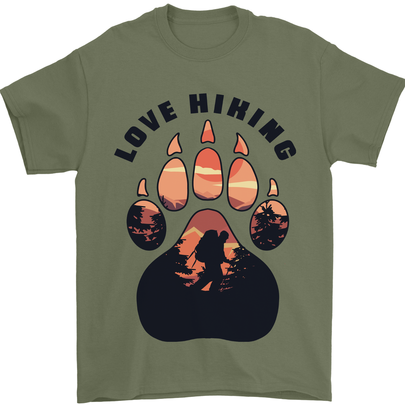 Love Hiking Bear Paw Trekking Hike Outdoors Mens T-Shirt 100% Cotton Military Green