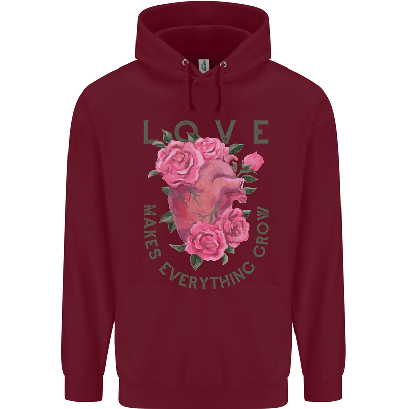 Love Makes Everything Grow Valentines Day Childrens Kids Hoodie Maroon