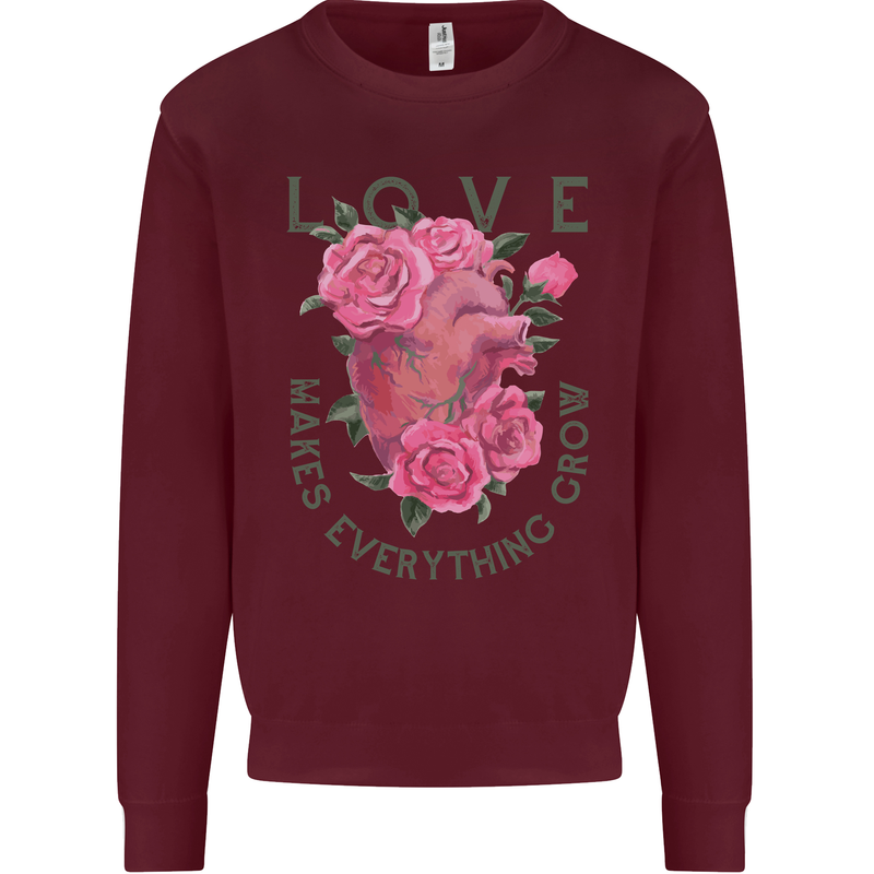 Love Makes Everything Grow Valentines Day Kids Sweatshirt Jumper Maroon