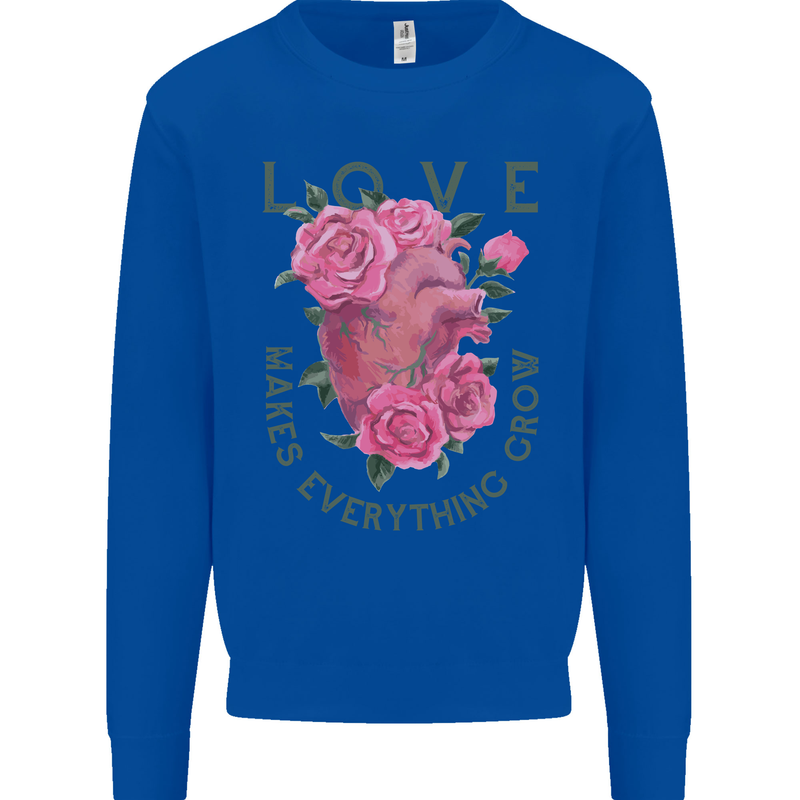 Love Makes Everything Grow Valentines Day Kids Sweatshirt Jumper Royal Blue