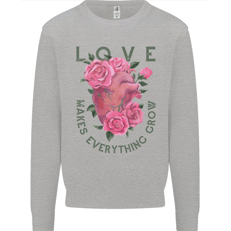 Love Makes Everything Grow Valentines Day Kids Sweatshirt Jumper Sports Grey