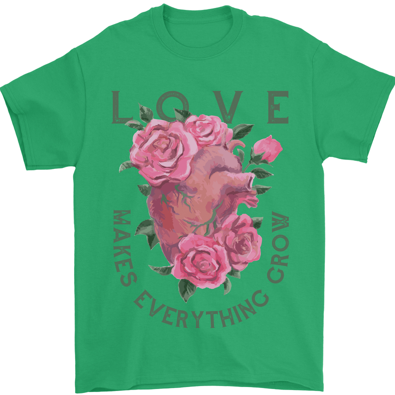 Love Makes Everything Grow Valentines Day Mens T-Shirt 100% Cotton Irish Green