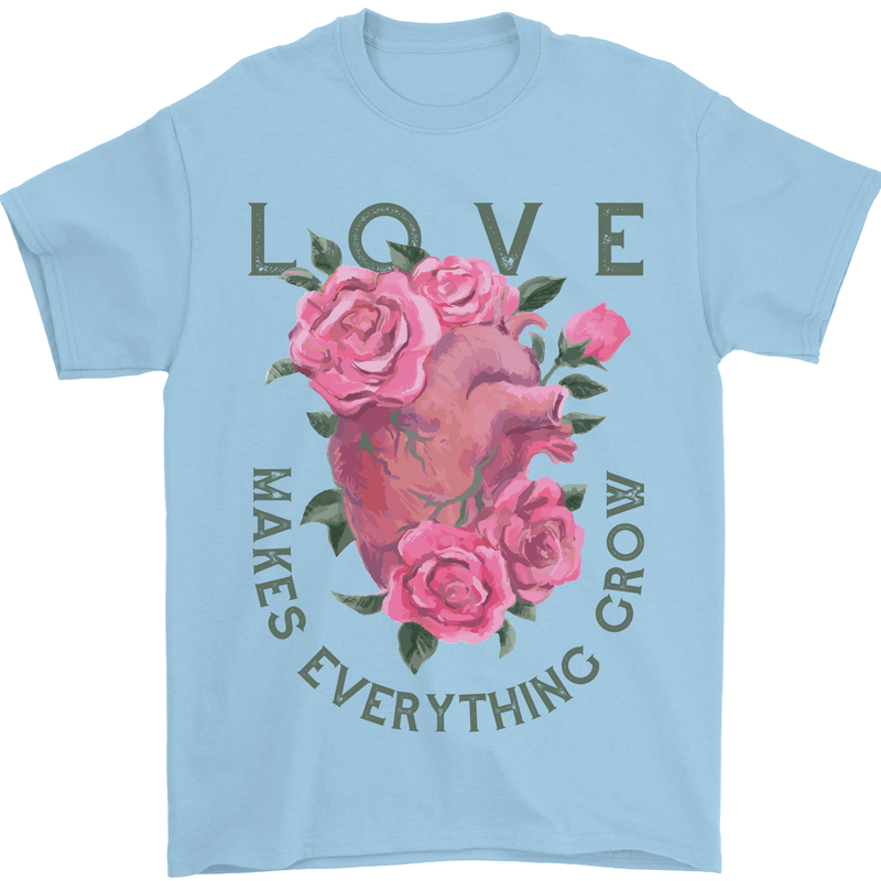 Love Makes Everything Grow Valentines Day Mens T-Shirt 100% Cotton Light Blue