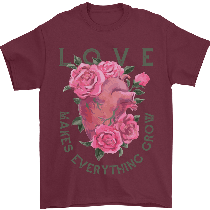 Love Makes Everything Grow Valentines Day Mens T-Shirt 100% Cotton Maroon