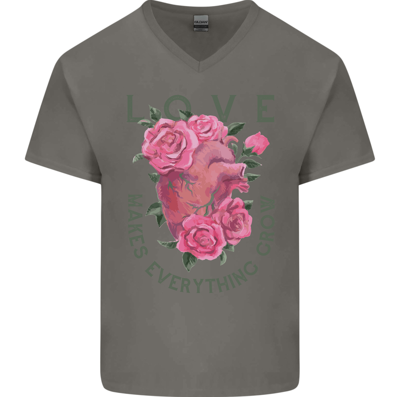 Love Makes Everything Grow Valentines Day Mens V-Neck Cotton T-Shirt Charcoal