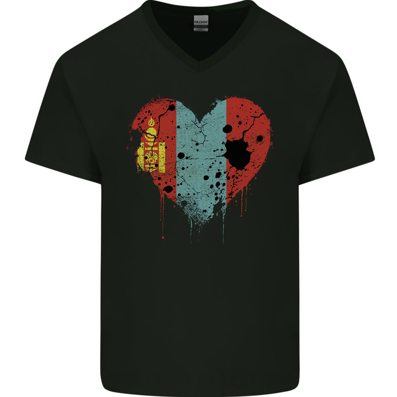 Love Mongolia Flag Mongolian Day Football Mens V-Neck Cotton T-Shirt Black