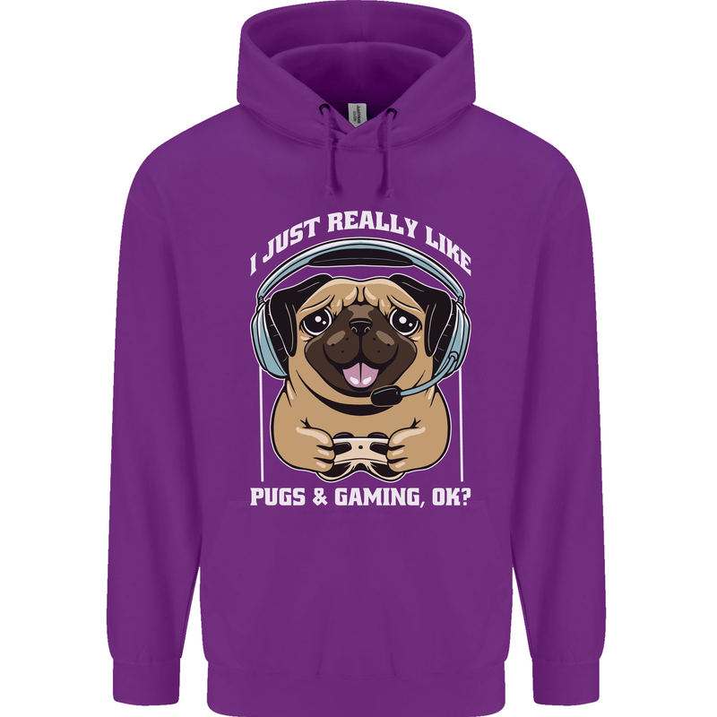 Love Pugs and Gaming Gamer Childrens Kids Hoodie Purple