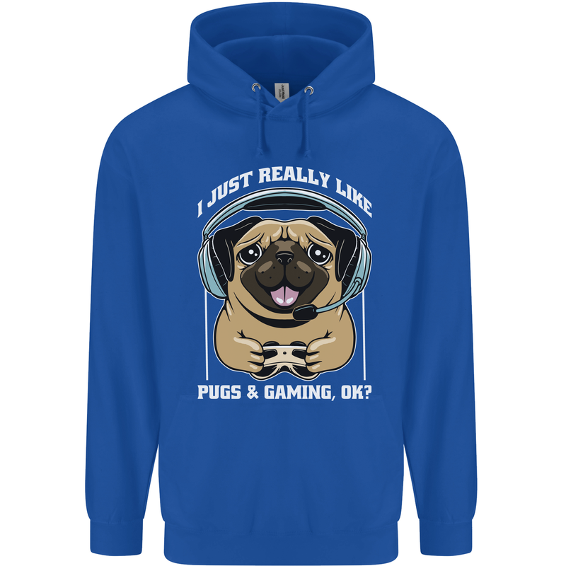 Love Pugs and Gaming Gamer Childrens Kids Hoodie Royal Blue