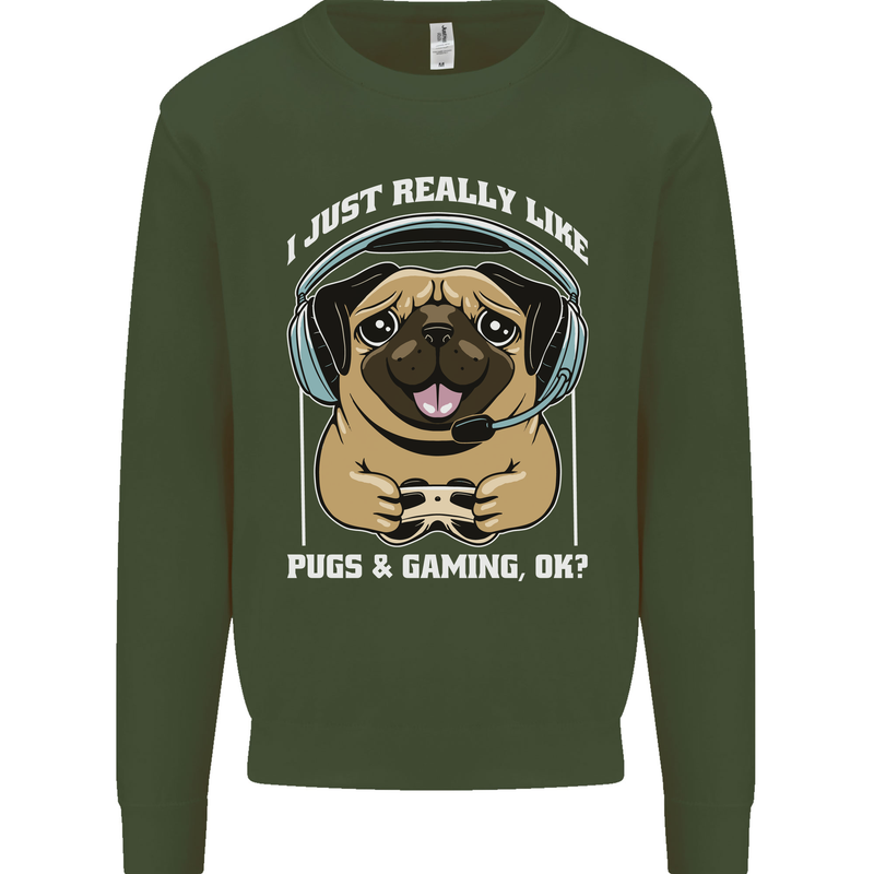 Love Pugs and Gaming Gamer Kids Sweatshirt Jumper Forest Green