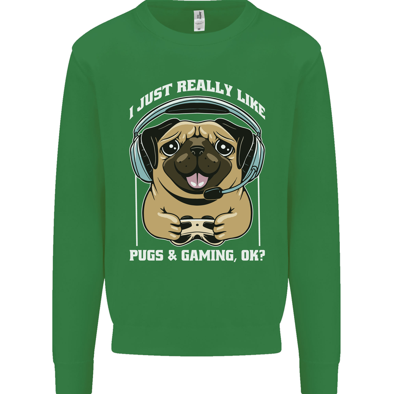 Love Pugs and Gaming Gamer Kids Sweatshirt Jumper Irish Green