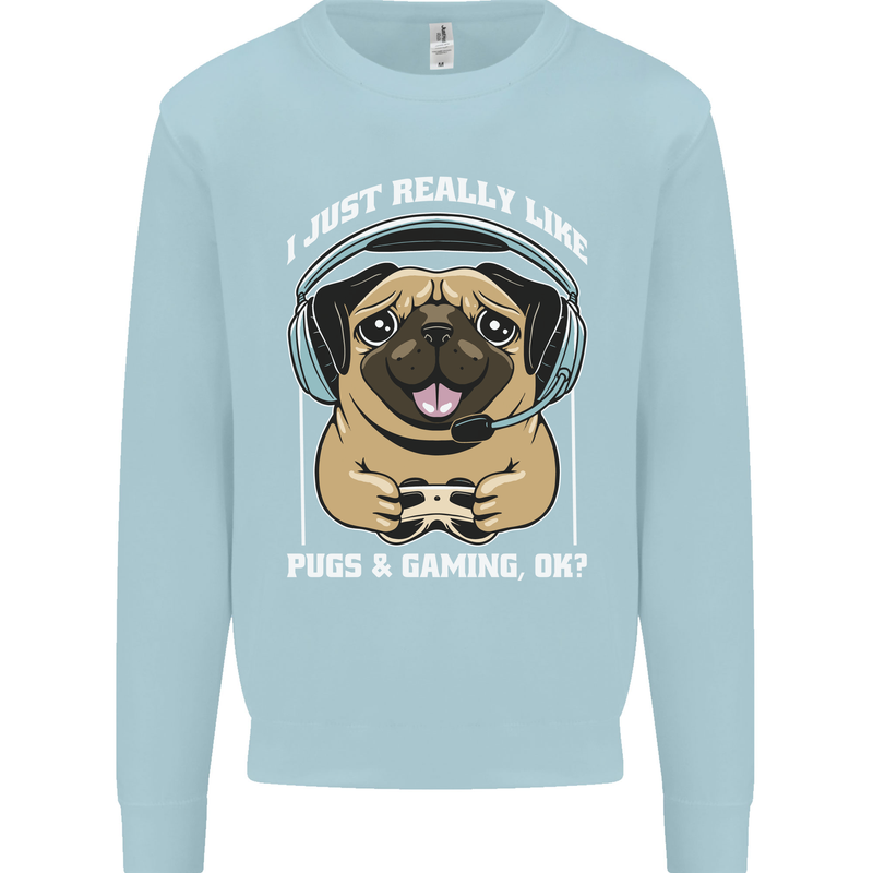 Love Pugs and Gaming Gamer Kids Sweatshirt Jumper Light Blue