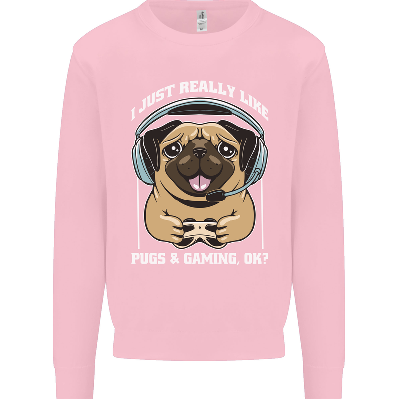 Love Pugs and Gaming Gamer Kids Sweatshirt Jumper Light Pink
