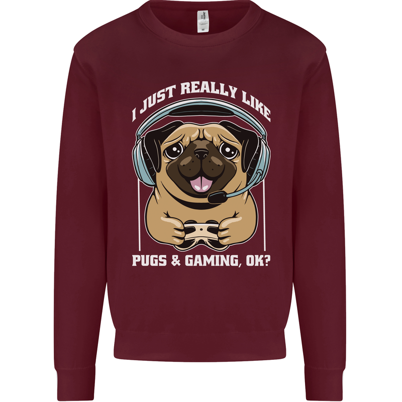 Love Pugs and Gaming Gamer Kids Sweatshirt Jumper Maroon