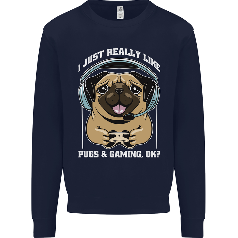 Love Pugs and Gaming Gamer Kids Sweatshirt Jumper Navy Blue