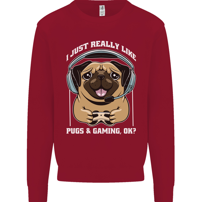 Love Pugs and Gaming Gamer Kids Sweatshirt Jumper Red