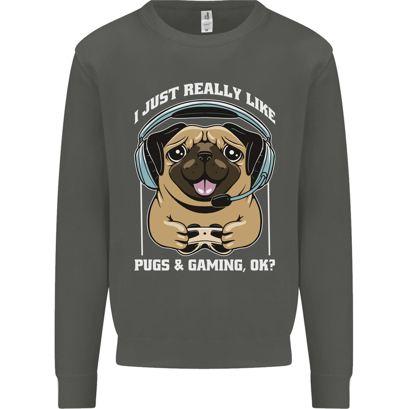 Love Pugs and Gaming Gamer Kids Sweatshirt Jumper Storm Grey