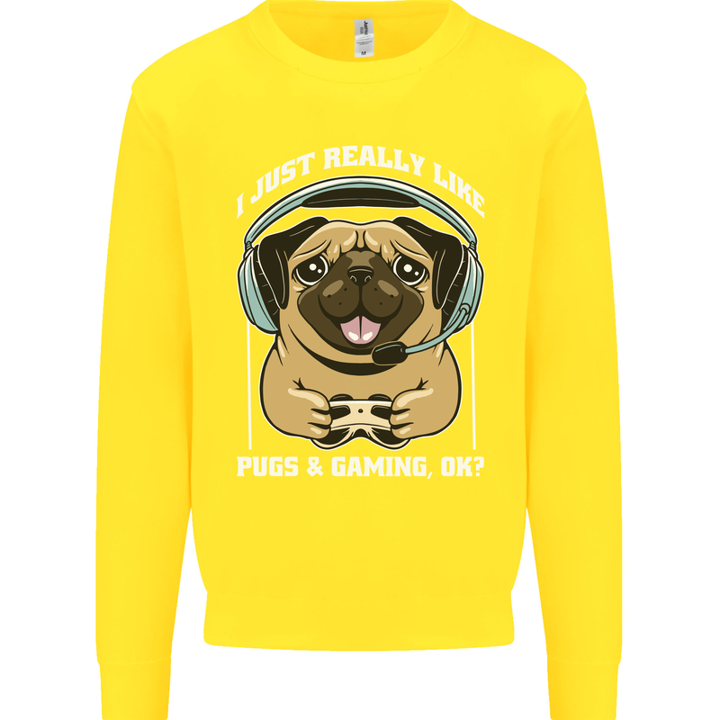 Love Pugs and Gaming Gamer Kids Sweatshirt Jumper Yellow