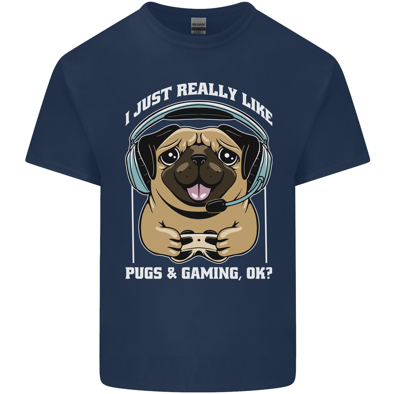 Love Pugs and Gaming Gamer Kids T-Shirt Childrens Navy Blue