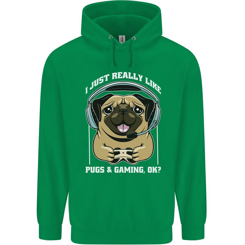 Love Pugs and Gaming Gamer Mens 80% Cotton Hoodie Irish Green