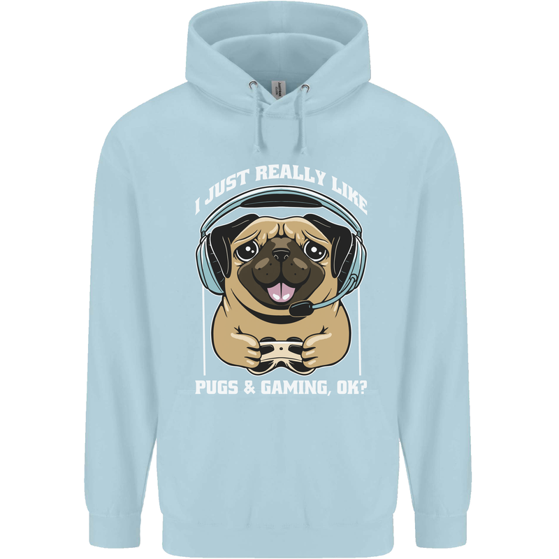 Love Pugs and Gaming Gamer Mens 80% Cotton Hoodie Light Blue